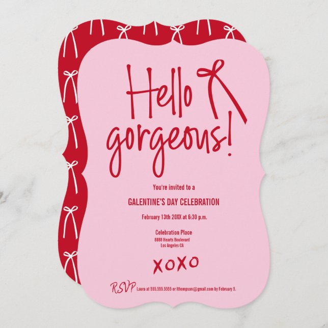 Hello Gorgeous bow Galentine’s Day Red and Pink  Invitation (Front/Back)