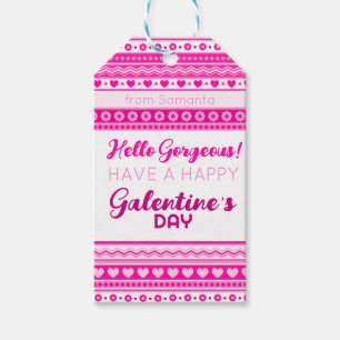 Hello Gorgeous Galentine Day Cute Pink Heart Name Gift Tags