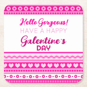 Hello Gorgeous Galentine’s Day Cute Pink Heart Square Paper Coaster