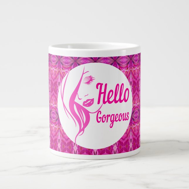 Hello Gorgeous Lovely Lady Face Drawing Typography Large Coffee Mug (Front)