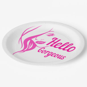 Hello Gorgeous Lovely Lady Face Drawing Typography Paper Plate