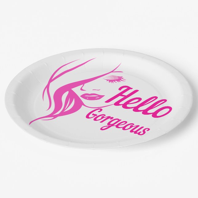 Hello Gorgeous Lovely Lady Face Drawing Typography Paper Plate (Angled)