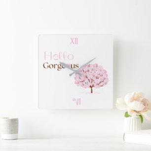 Hello Gorgeous, Pink Blossom Tree Square Wall Clock