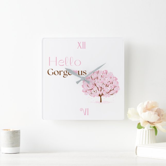 Hello Gorgeous, Pink Blossom Tree Square Wall Clock (Home)