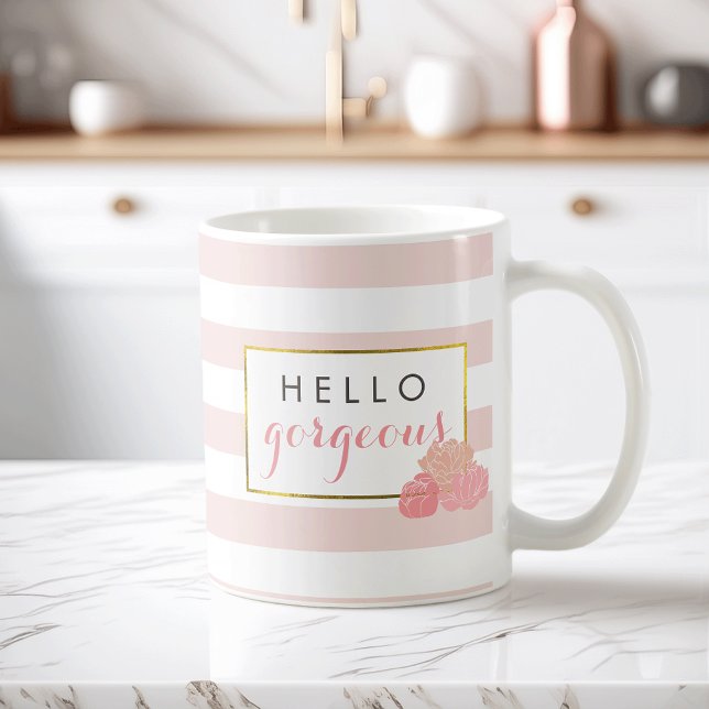 Hello Gorgeous Pink Stripe & Blush Peony Mug (Creator Uploaded)