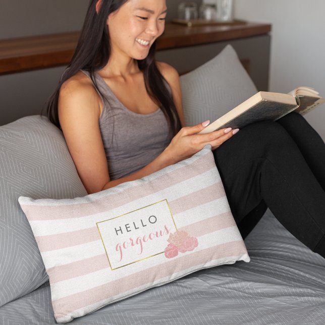 Hello Gorgeous Pink Stripe & Blush Peony Pillow (Creator Uploaded)