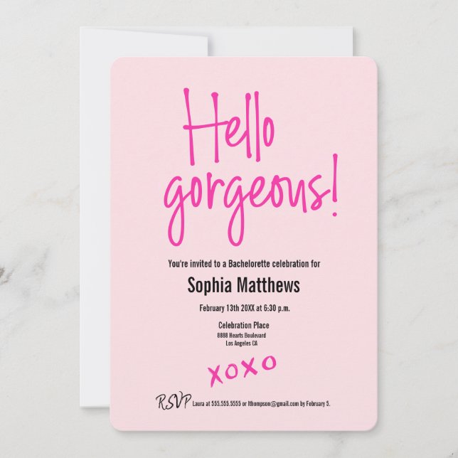 Hello gorgeous Pink XOXO bachelorette Invitation (Front)