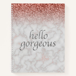 Hello Gorgeous Rose Gold Marble Ombre Glitter Glam Notebook
