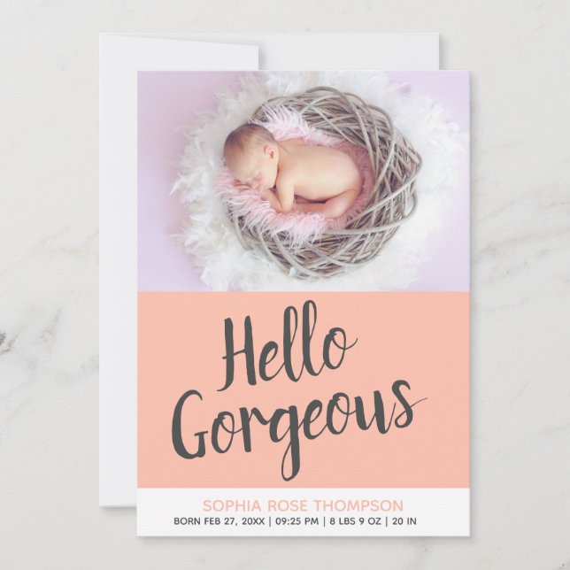 Hello Gorgeous Typography Photo Pink Baby Girl Announcement (Front)