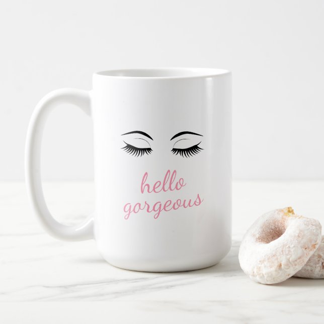 Hello Gorgeous with Pretty Eyelashes Glamourous Coffee Mug (With Donut)