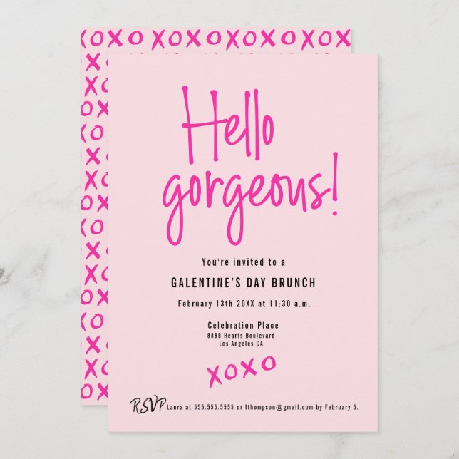 Hello Gorgeous XOXO Pink Galentine’s Day Brunch  Invitation (Front/Back)