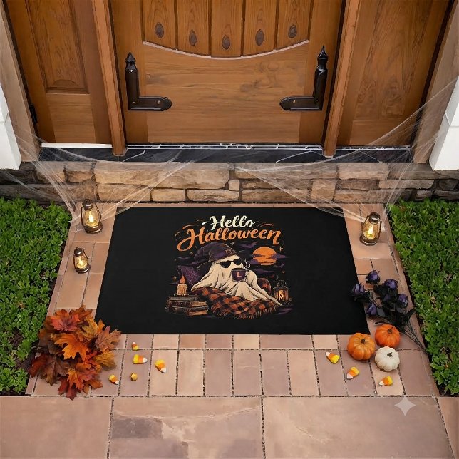 Hello Halloween Cute Ghost Drinking Coffee Doormat (Creator Uploaded)