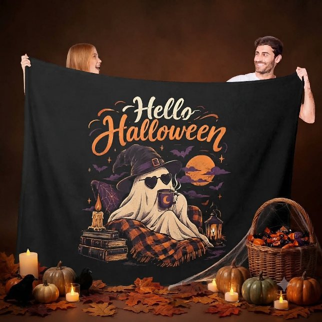 Hello Halloween Cute Ghost Drinking Coffee Fleece Blanket (Creator Uploaded)