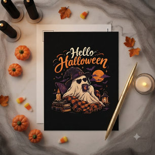 Hello Halloween Cute Ghost Drinking Coffee Holiday Postcard