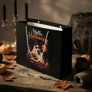 Hello Halloween Cute Ghost Drinking Coffee Large Gift Bag