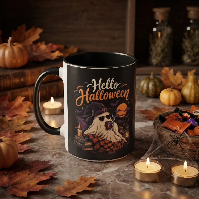 Hello Halloween Cute Ghost Drinking Coffee Mug (Creator Uploaded)