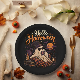Hello Halloween Cute Ghost Drinking Coffee Paper Plate