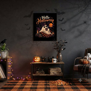 Hello Halloween Cute Ghost Drinking Coffee Poster