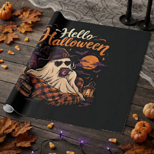 Hello Halloween Cute Ghost Drinking Coffee Wrapping Paper