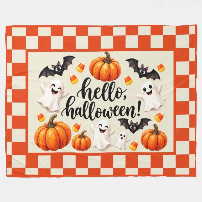 Hello Halloween Ghosts Bats Pumpkins Chequered Fle Fleece Blanket (Front (Horizontal))