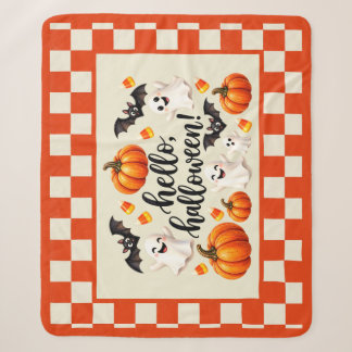 Hello Halloween Ghosts Bats Pumpkins Chequered Fle Sherpa Blanket