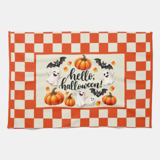 Hello Halloween Ghosts Bats Pumpkins Chequered Fle Tea Towel