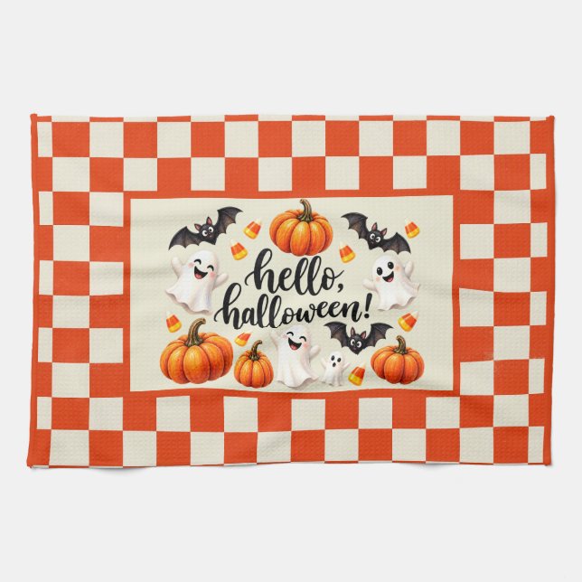 Hello Halloween Ghosts Bats Pumpkins Chequered Fle Tea Towel (Horizontal)