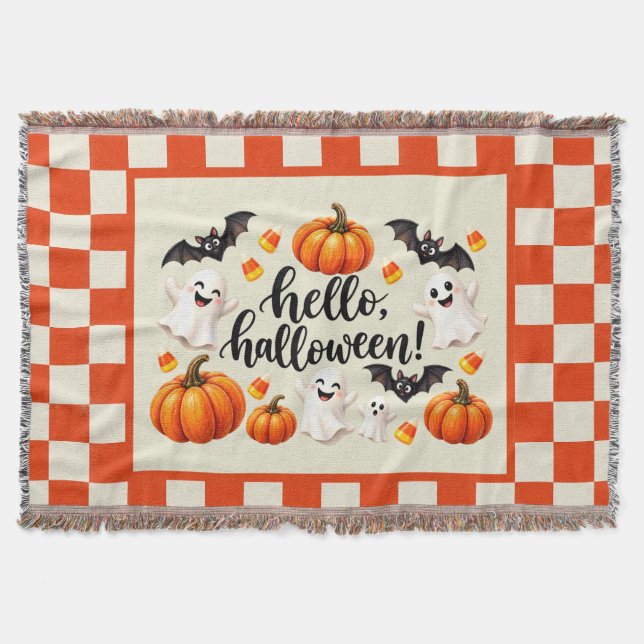 Hello Halloween Ghosts Bats Pumpkins Chequered Fle Throw Blanket (Front)