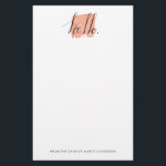 hello hand lettered watercolor stationery<br><div class="desc">Hand lettered "hello" in black over a peach watercolor splotch.  Fun but simple stationery for yourself or a gift!  Edit the text at the bottom or clear if you don't want it.  Click "customise it" to add your  personal touch.</div>