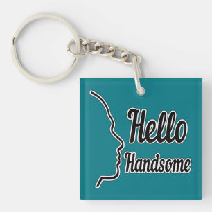 Hello Handsome Typography and Face Profile Outline Key Ring