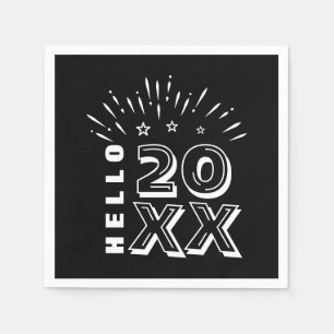 Hello Happy New Year Fireworks Black White Stars Napkin