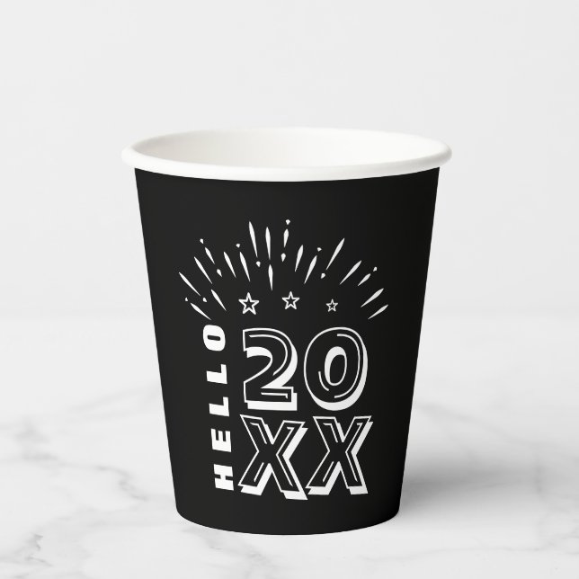 Hello Happy New Year Fireworks Black White Stars Paper Cups (Front)