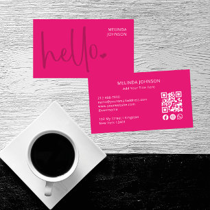 Hello Heart Hot Pink Script QR Code Social Media Business Card