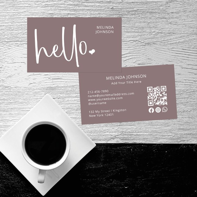 Hello Heart Script QR Code Social Media Old Pink Business Card (Creator Uploaded)