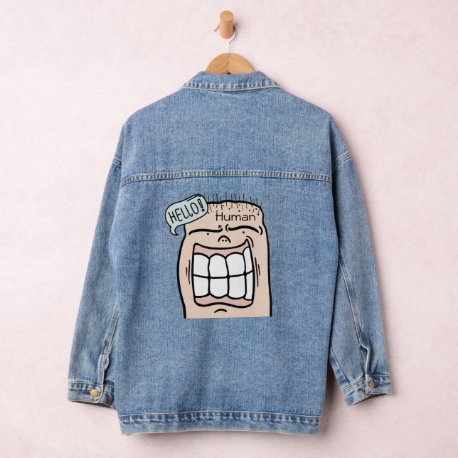 Hello Human funny saying Hand drawn art cartoon Denim Jacket (Hangar)