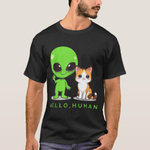 Hello Human Green Alien Cat Cute ET Galaxy Space T-Shirt