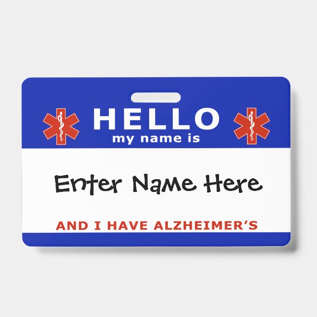 HELLO i have alzheimers emergency info ID Badge (Front)
