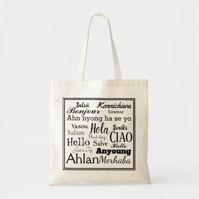 Hello in Different Languages Tote Bag (Front)