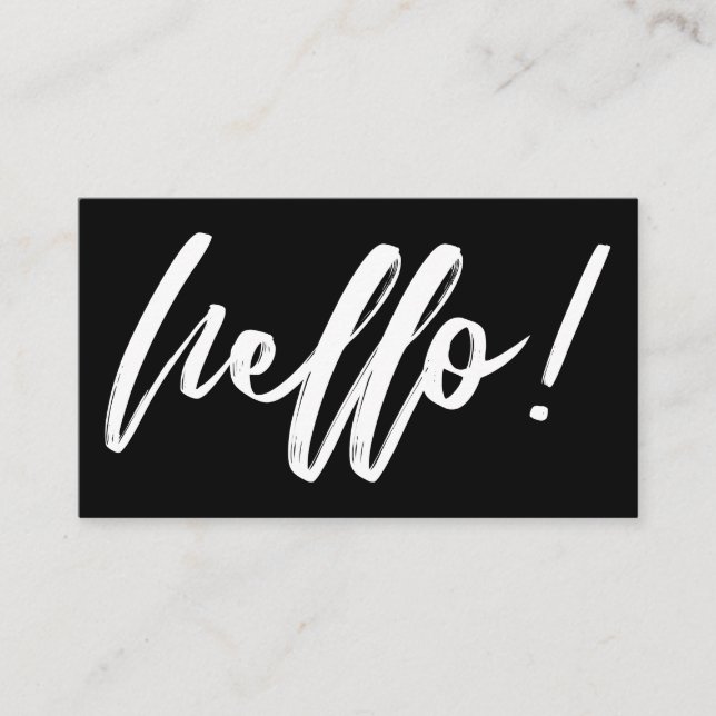 Hello in Handwriting Script Minimal White on Black Business Card (Front)