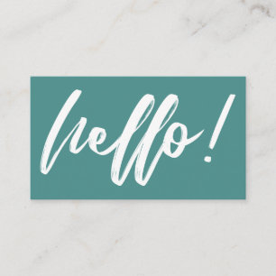 Hello in Handwriting Script Minimal White on Teal Business Card