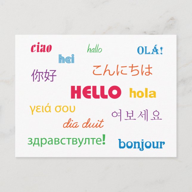 Hello in Many Languages Pink Blue Green Yellow Postcard (Front)