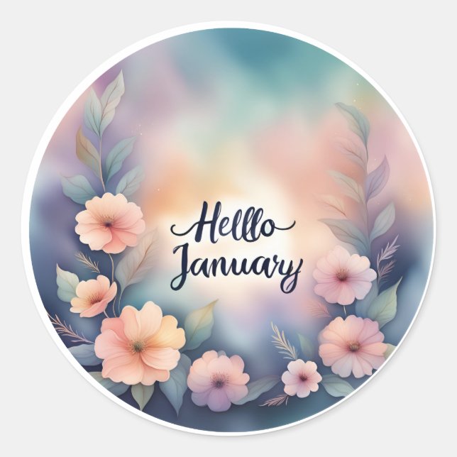 Hello January Pink Flowers Classic Round Sticker (Front)