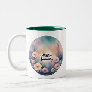 Hello January Pink Flowers Two-Tone Coffee Mug