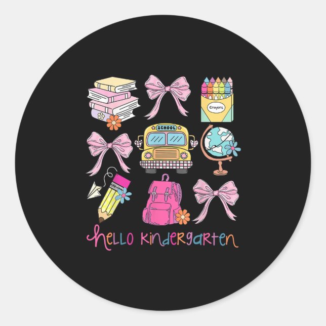 Hello Kindergarten Coquette Bow Back To School Fir Classic Round Sticker (Front)