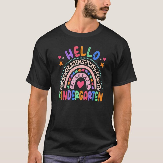 Hello Kindergarten Leopard Boho Rainbow 1st Day Of T-Shirt (Front)