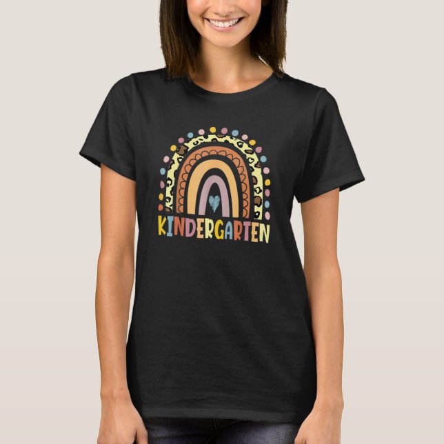 Hello Kindergarten Leopard Rainbow Teacher Back To T-Shirt (Front)