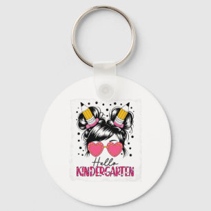 Hello Kindergarten Messy Bun Girls Back To School  Key Ring