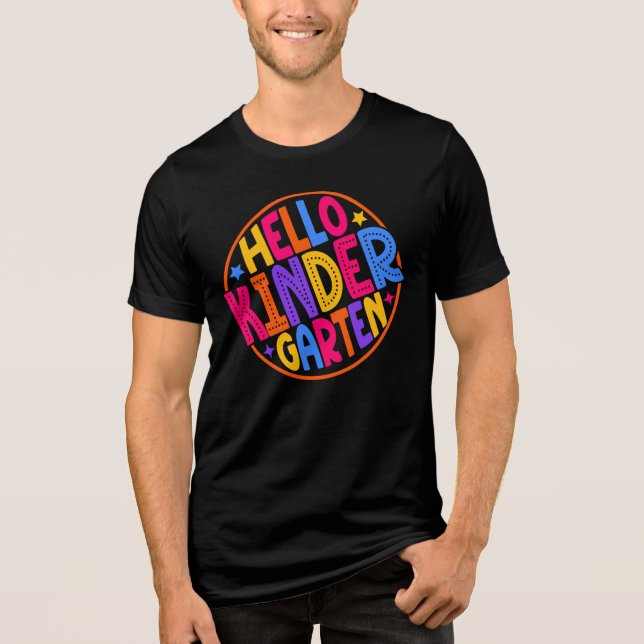 Hello Kindergarten Round Badge Back To School Tri-Blend Shirt (Front)