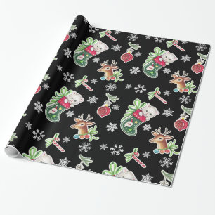 Hello Kitten Christmas Wrapping Paper in Black