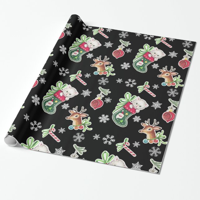 Hello Kitten Christmas Wrapping Paper in Black (Unrolled)